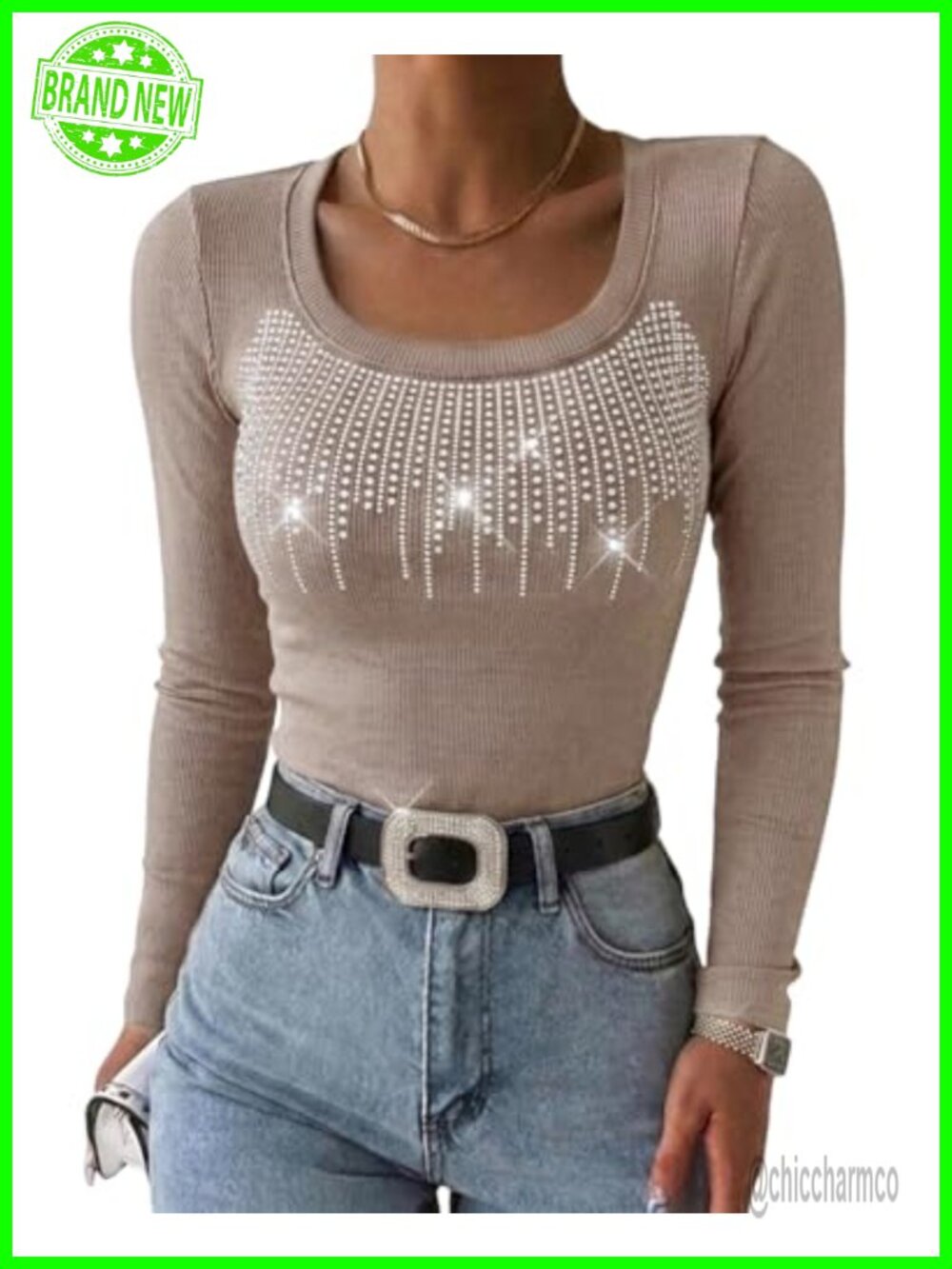 Womens Rhinestone Long Sleeve Square Neck Ribbed Knit Top Fall